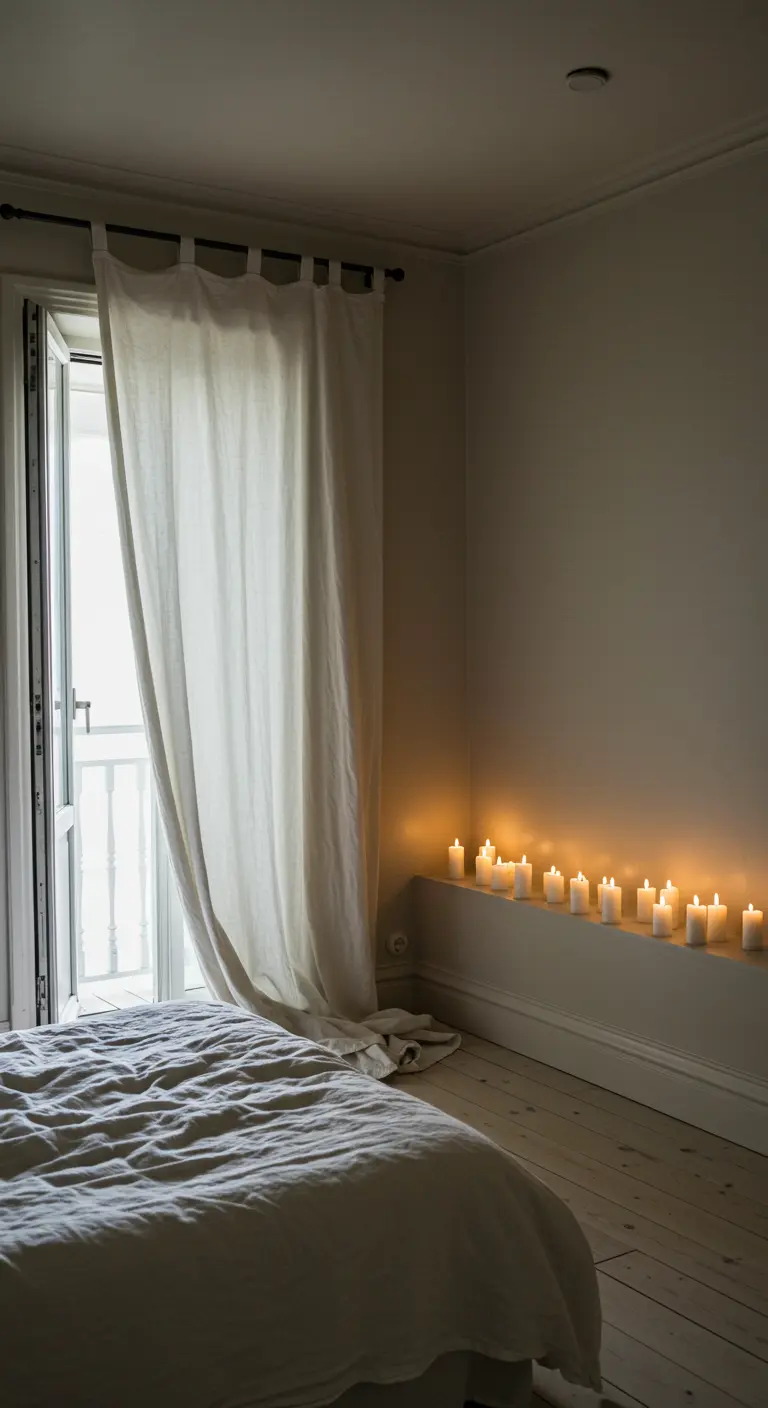 Minimalist bedroom with a row of candles glowing on a low wall ledge.