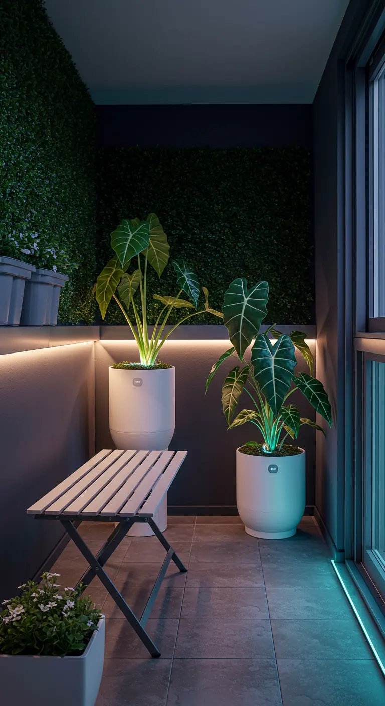 A modern balcony with hidden LED lighting along the base of the wall.