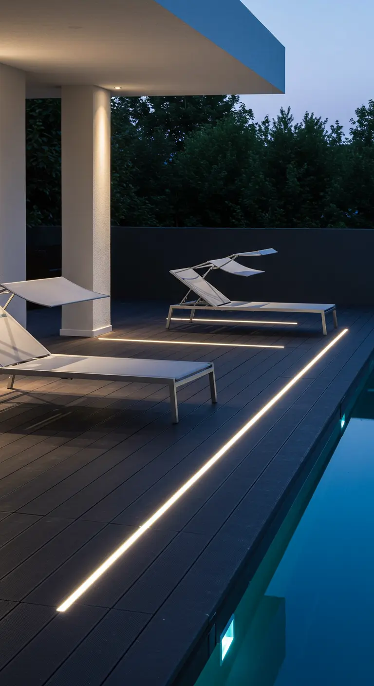 Modern poolside deck with sleek sunbeds and long, linear recessed LED lights.