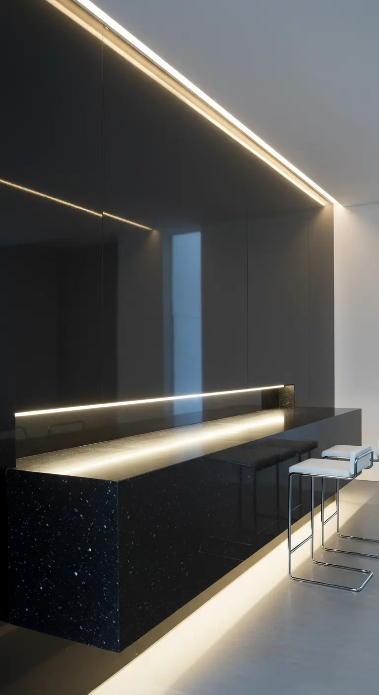 Ultra-modern black bar with glossy panels and stark horizontal LED lighting strips.