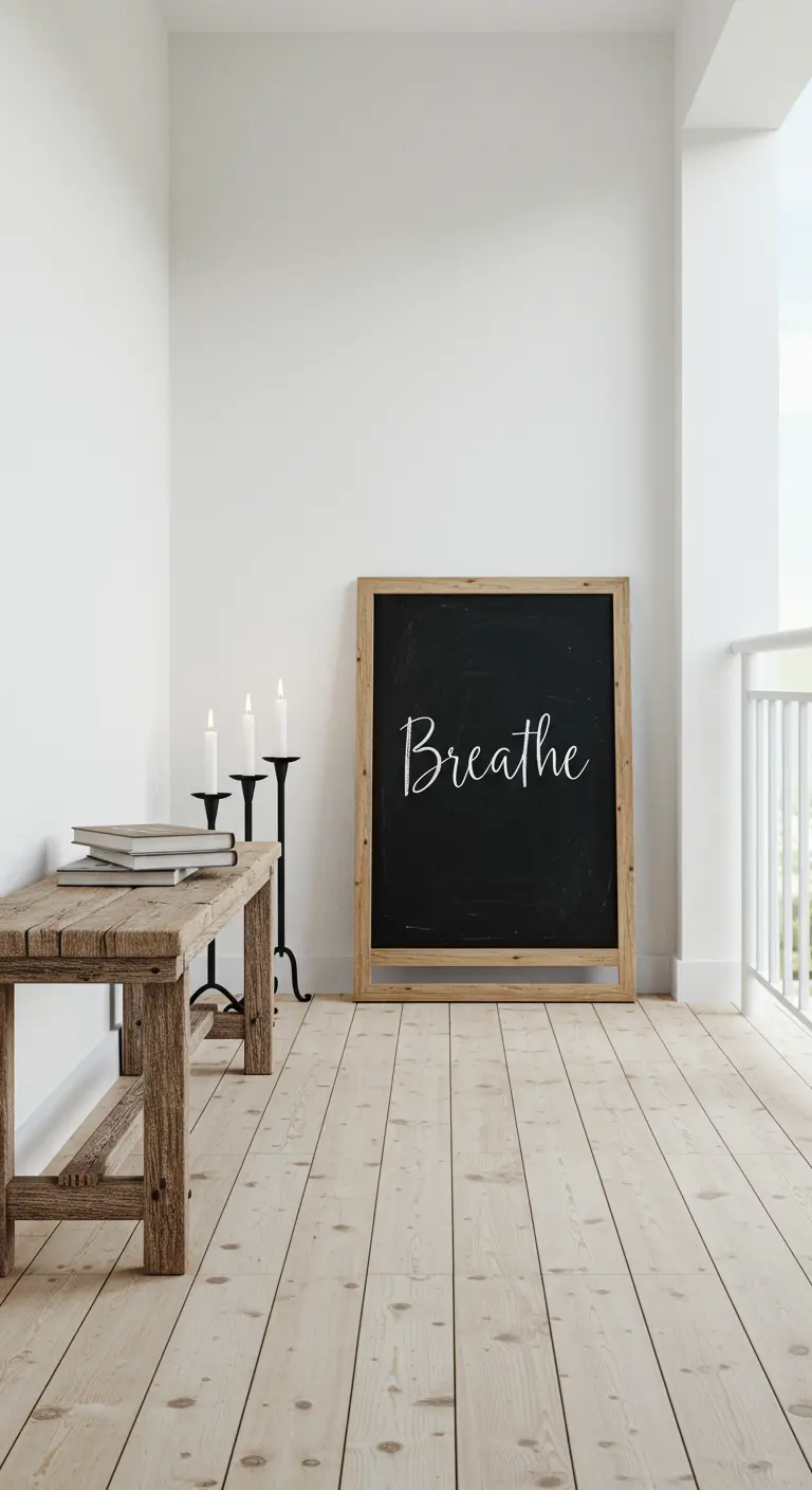 A minimalist white balcony with a light wood floor, a rustic bench, and a large chalkboard sign that says 'Breathe'.