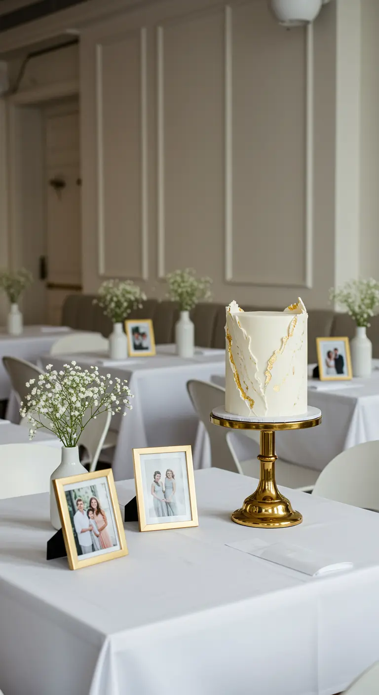 A white and gold cake on a stand, surrounded by framed photos and baby's breath.