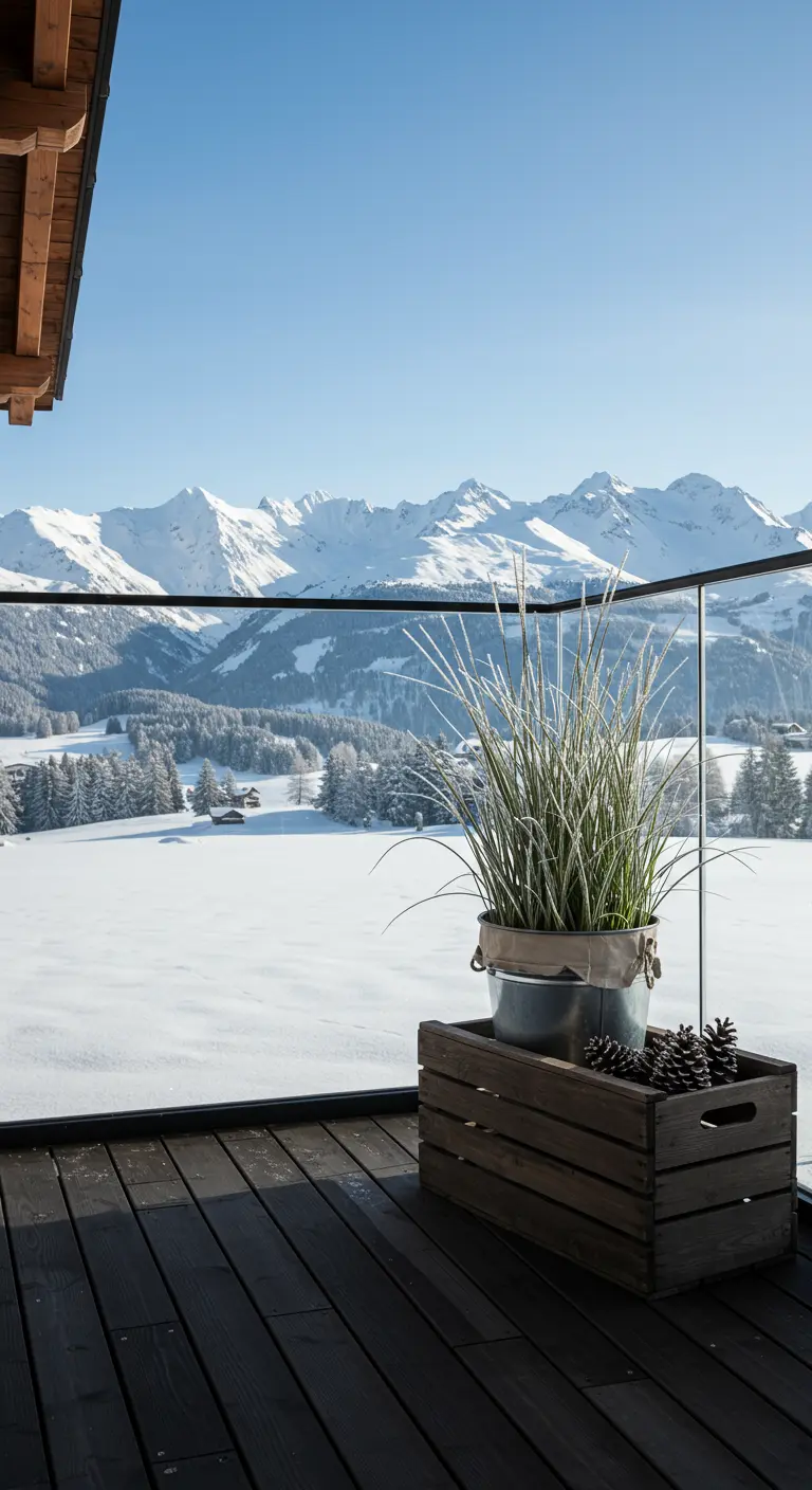 A wooden crate on a balcony holds a metal bucket with ornamental grass, overlooking snowy mountains.