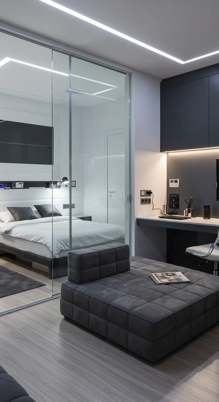 Modern studio with a frameless glass wall separating the bedroom from a lounge area.