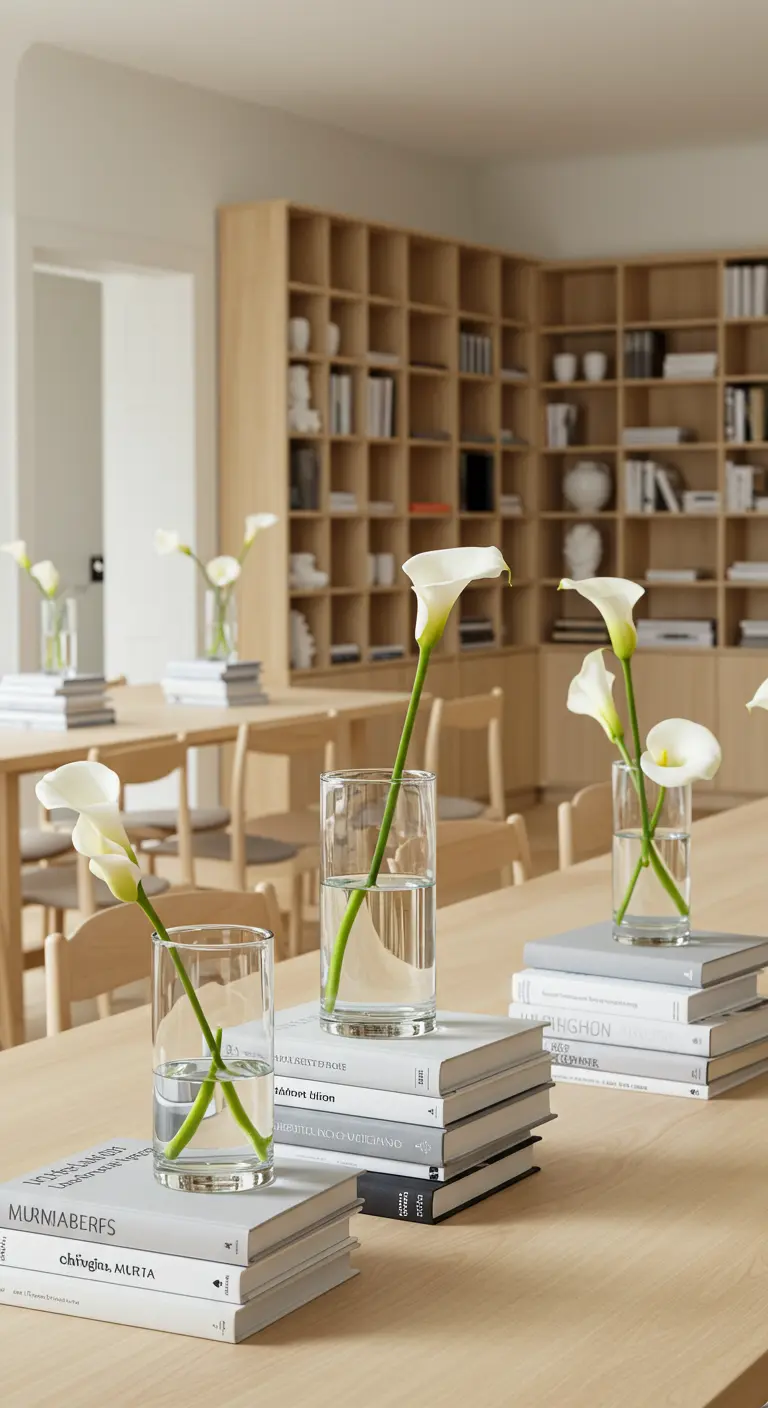 Modern table with white-covered book stacks, each topped with a single calla lily in a glass vase.