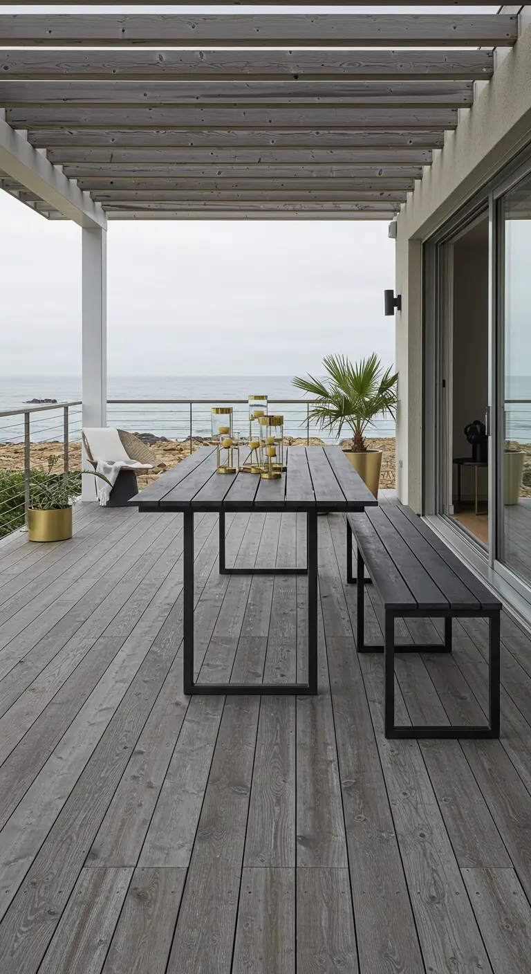 A minimalist black dining set on a weathered wood deck with tall gold candle holders.