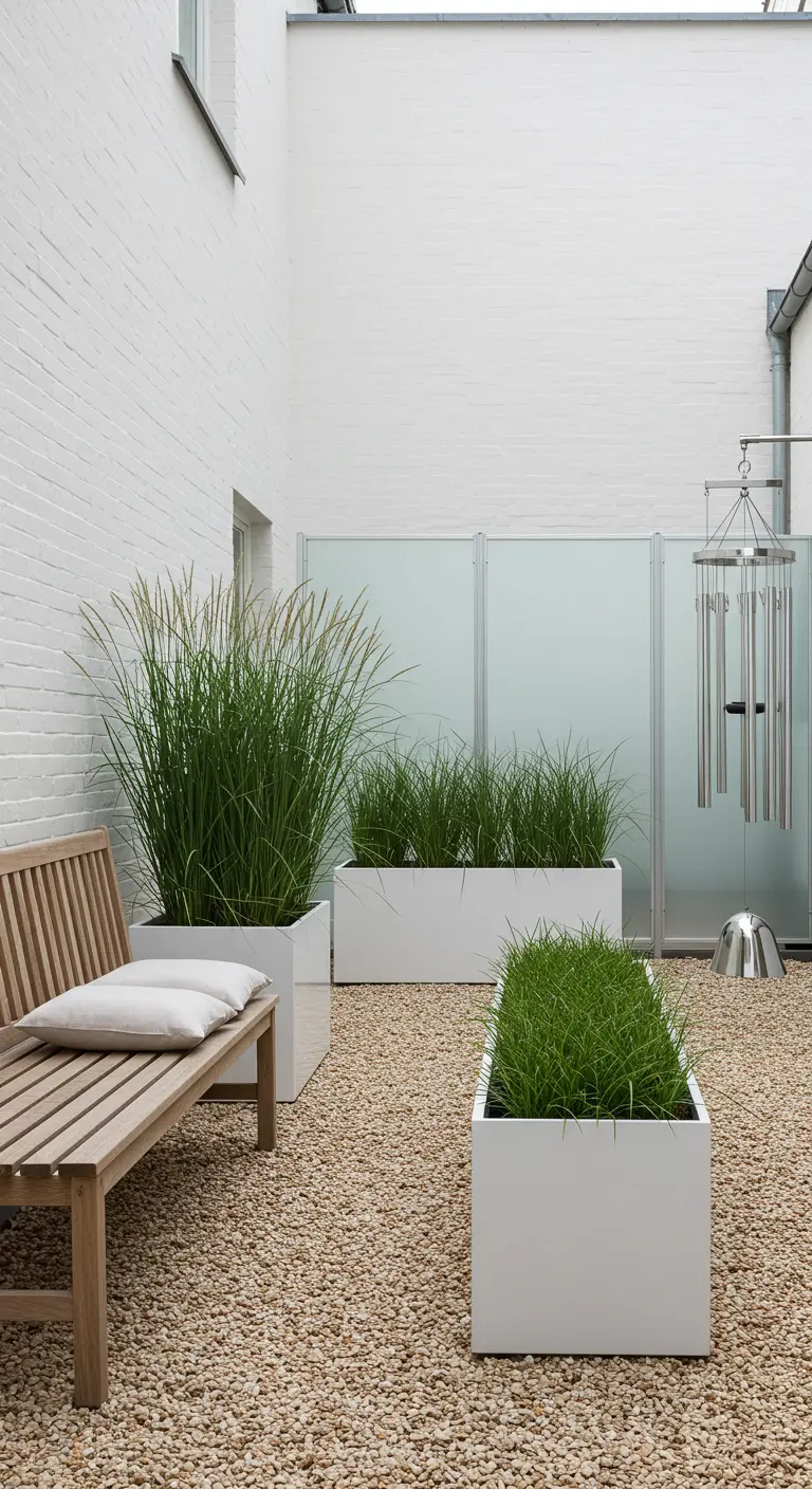 A minimalist gravel courtyard with a wooden bench and white planters filled with tall grasses.