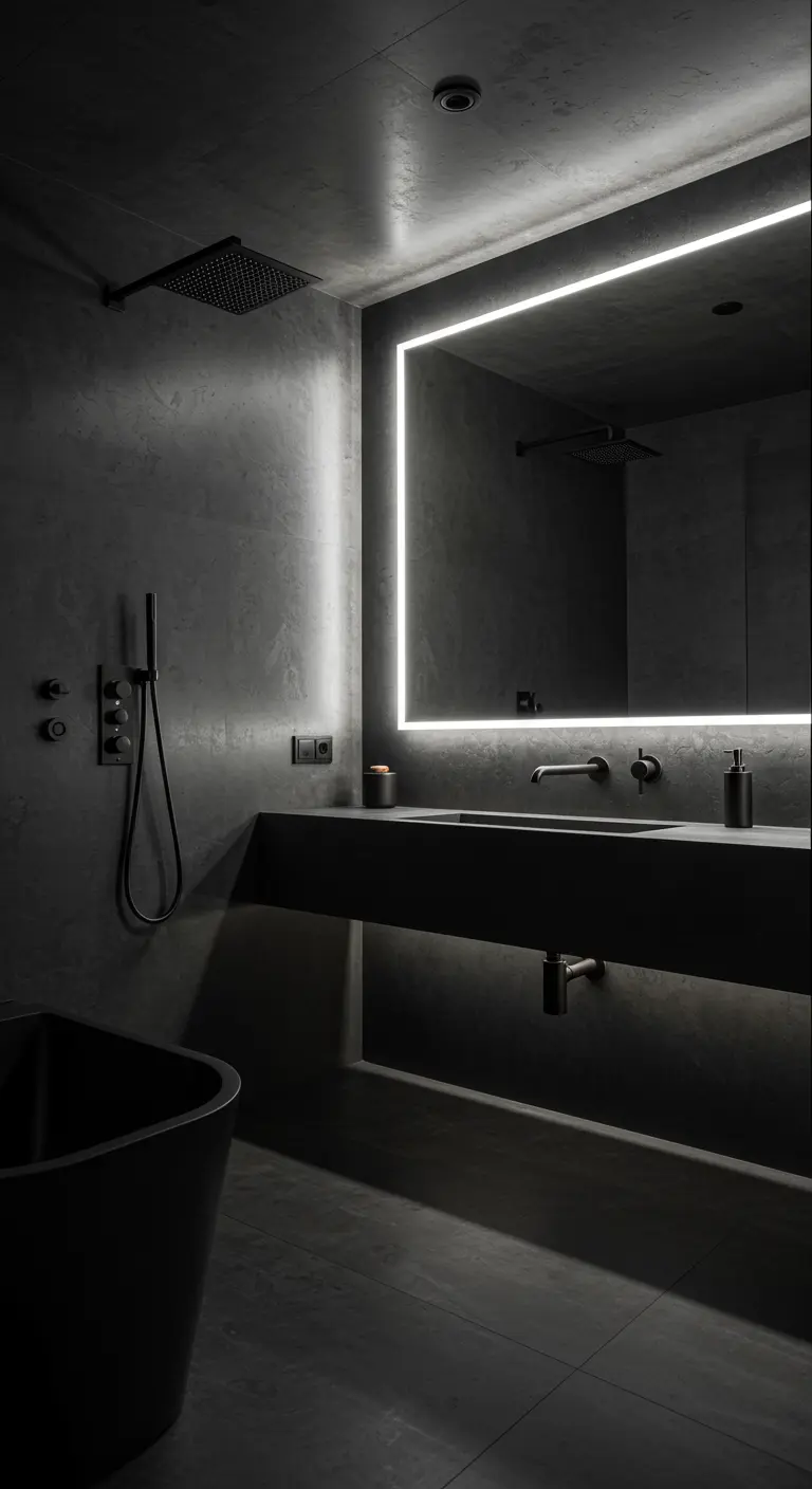 Dark concrete bathroom with matte black fixtures and clean lines of white LED light.