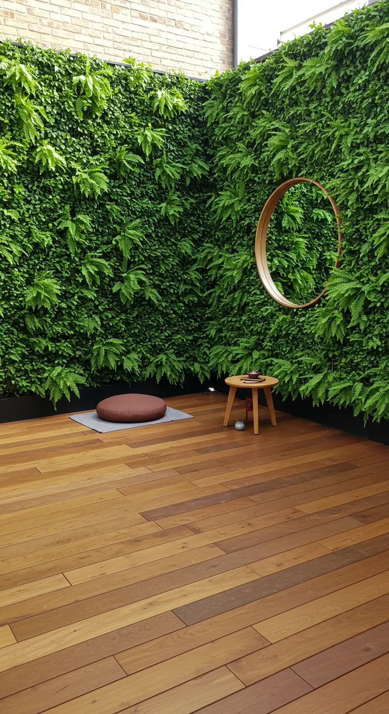 A minimalist wooden deck with a round mirror on a green wall, a meditation cushion, and a small stool.