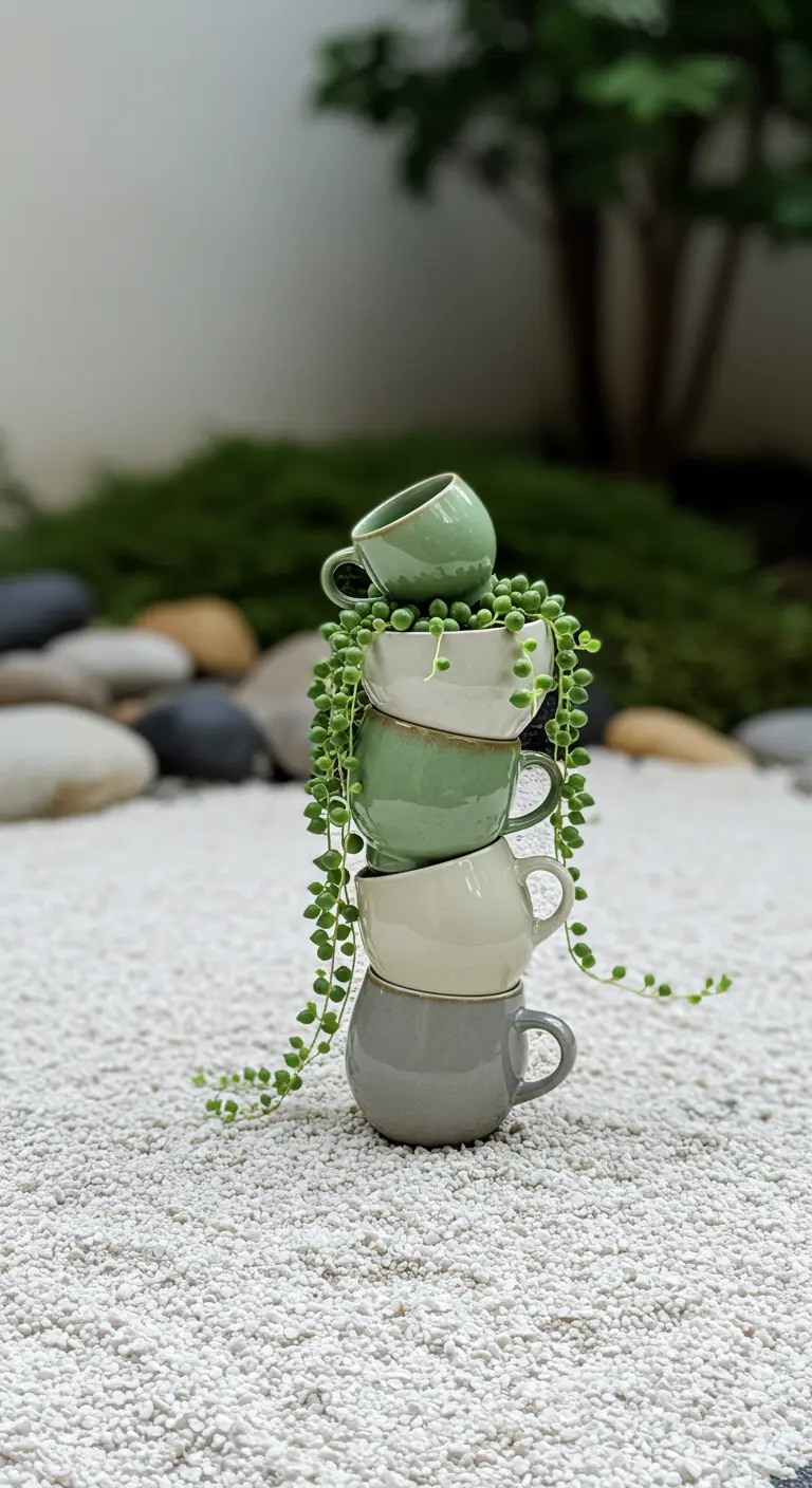 Tiny stack of muted green and grey espresso cups with a cascading string of pearls plant.