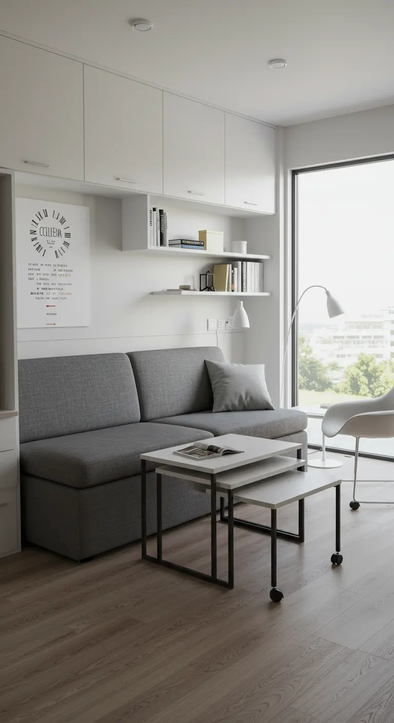A minimalist white studio apartment with a gray sleeper sofa, mobile desk, and nesting tables.