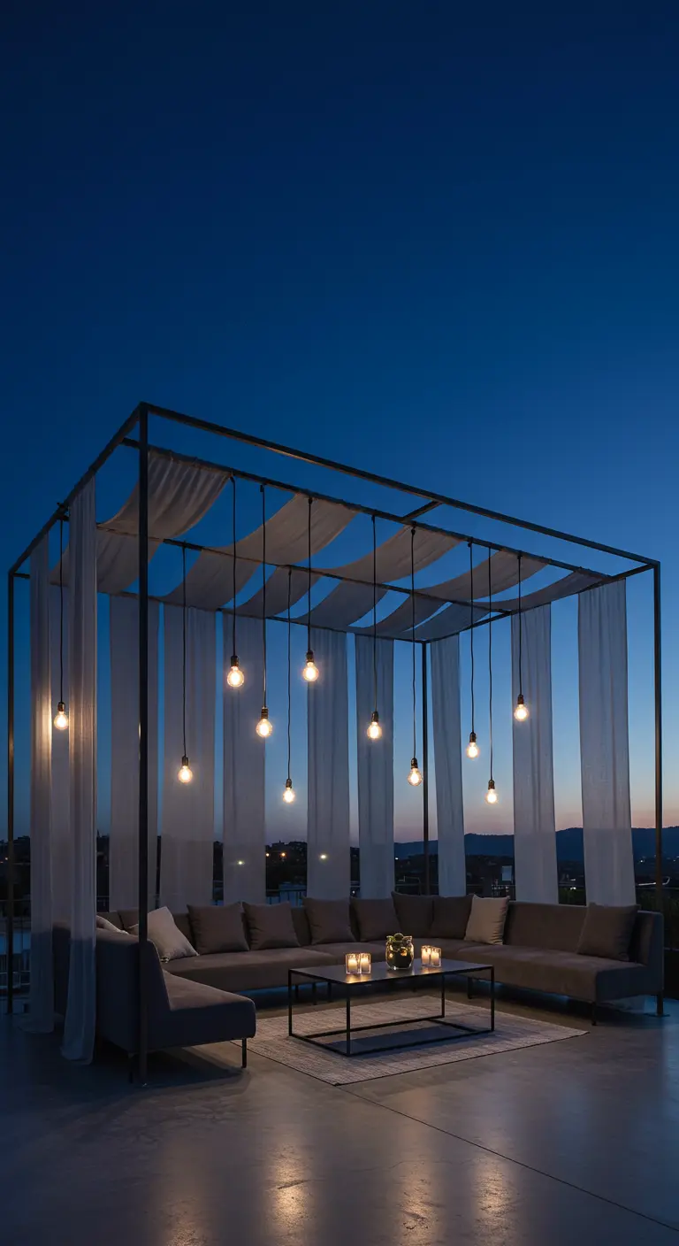 A modern rooftop lounge with a metal pergola, sheer fabric panels, and single hanging Edison bulbs.