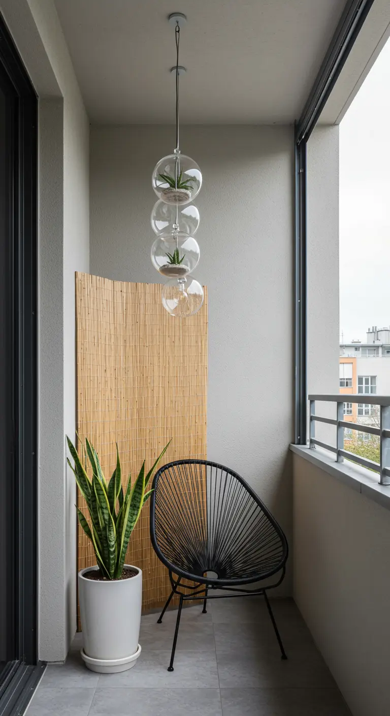 A minimalist balcony with a single bamboo panel, a black wire chair, and stacked hanging globes.