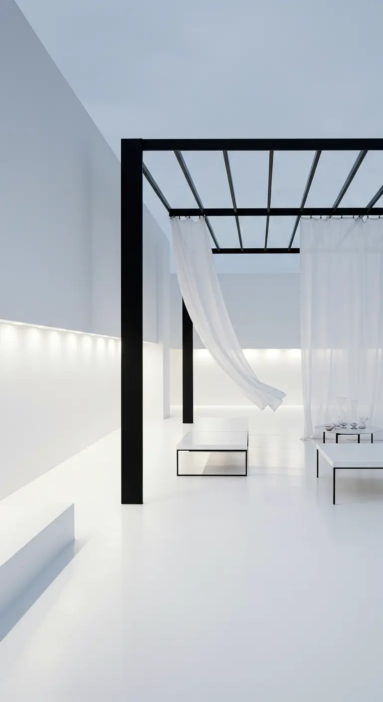 A stark white, minimalist space with a black pergola where a single white curtain billows.