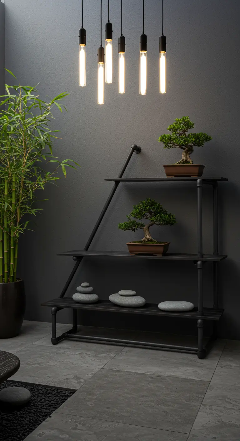 Asymmetrical black pipe shelf holding two bonsai trees and stacked stones against a dark grey wall.