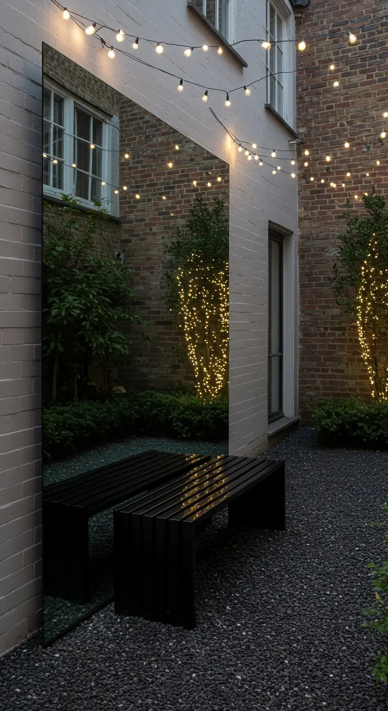A black bench reflected in a large mirror on a wall in a small courtyard at night.