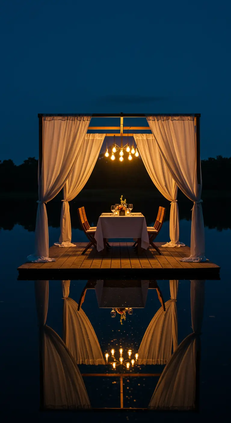 A draped and lit dining pavilion on a dock, perfectly reflected in the still water at night.