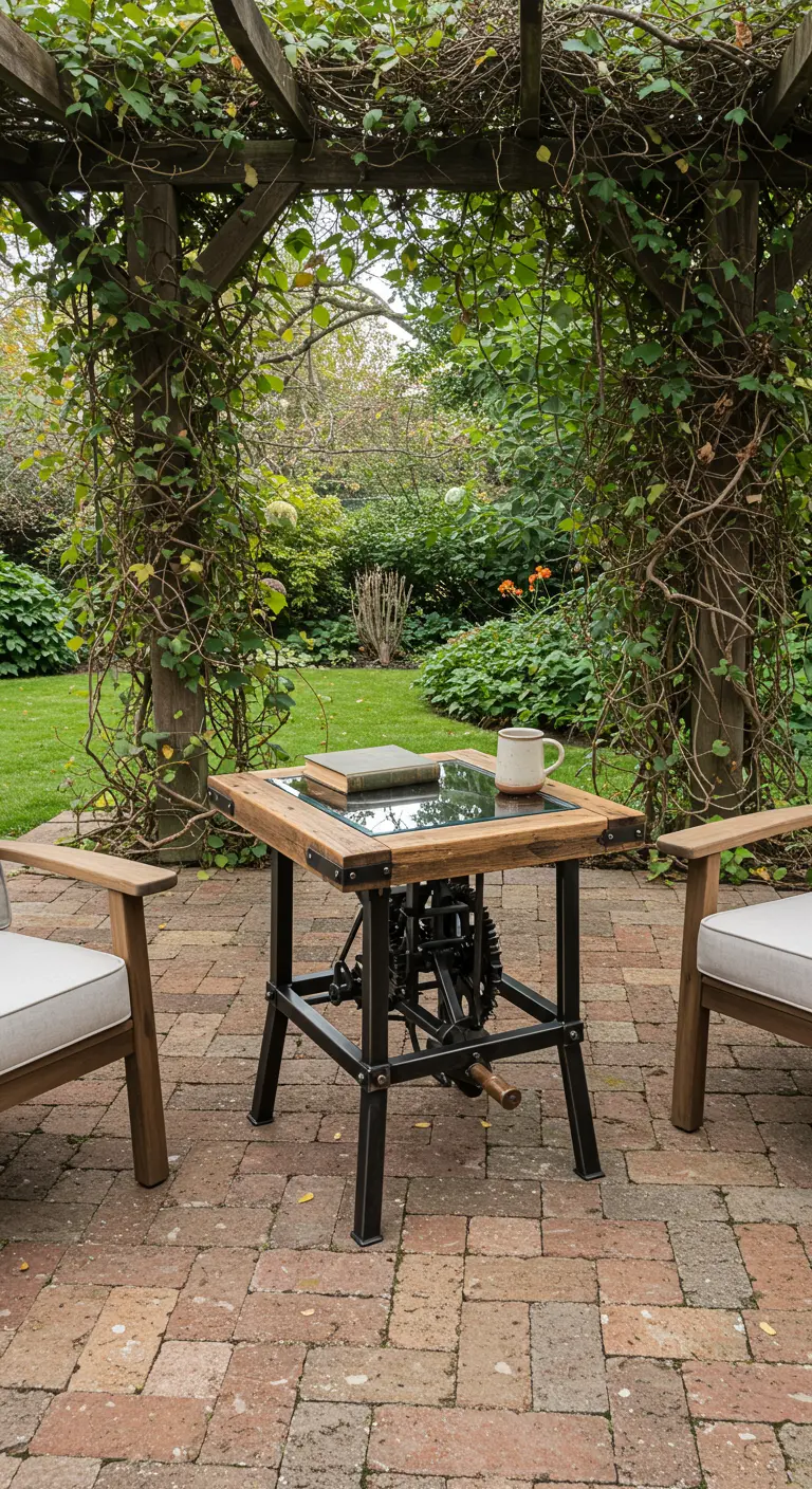 Industrial table with a mirror inset top showing gears underneath, set between two garden chairs.