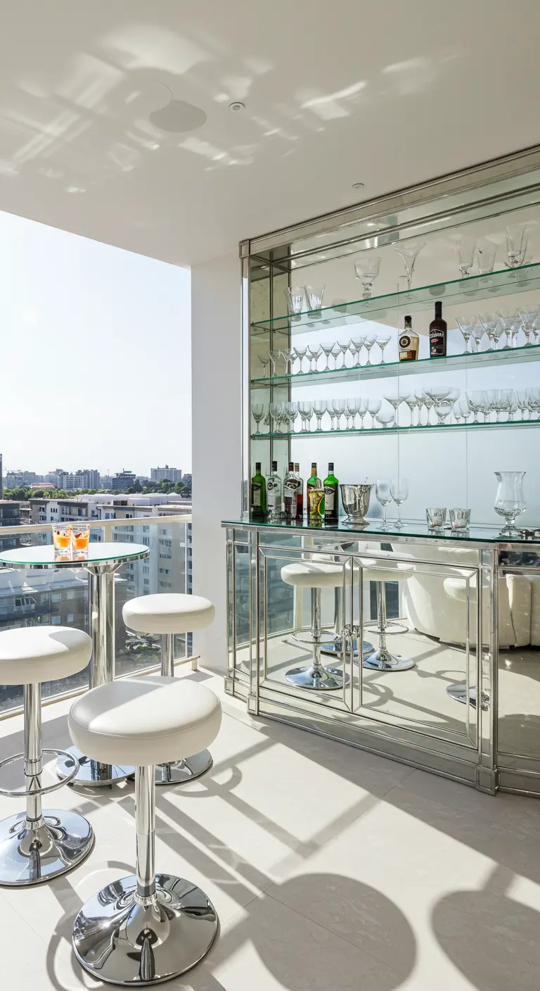A bright balcony bar with a fully mirrored cabinet and shelving unit, reflecting the space.
