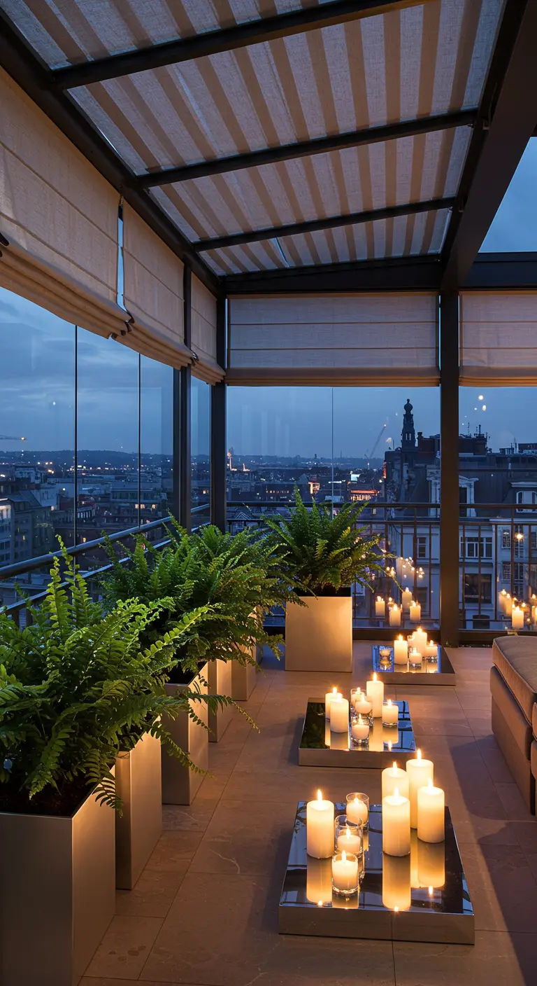 Rooftop terrace with long fern planters and candles grouped on mirrored tables.