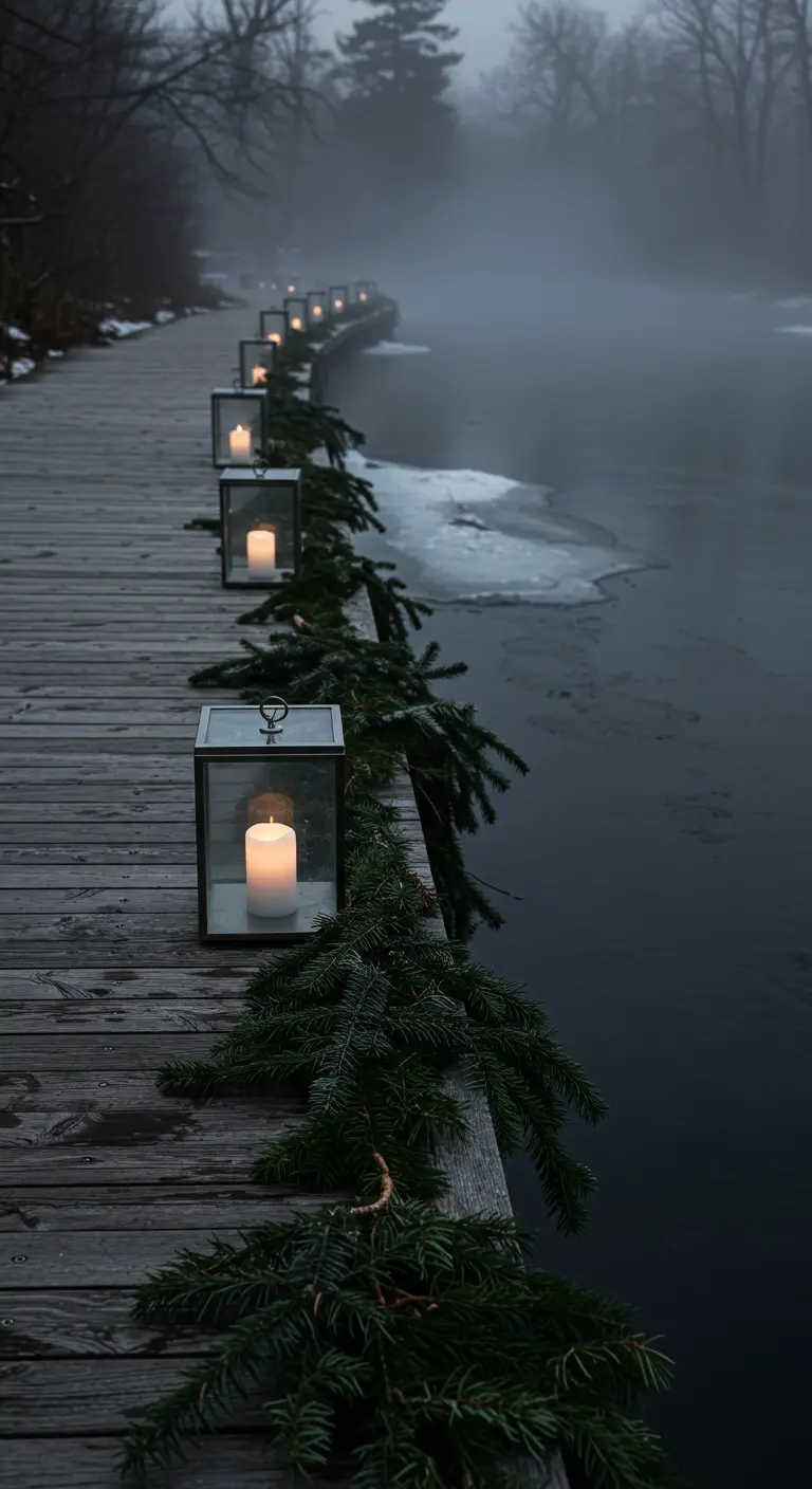 A misty wooden boardwalk lined with minimalist glass lanterns and pine.