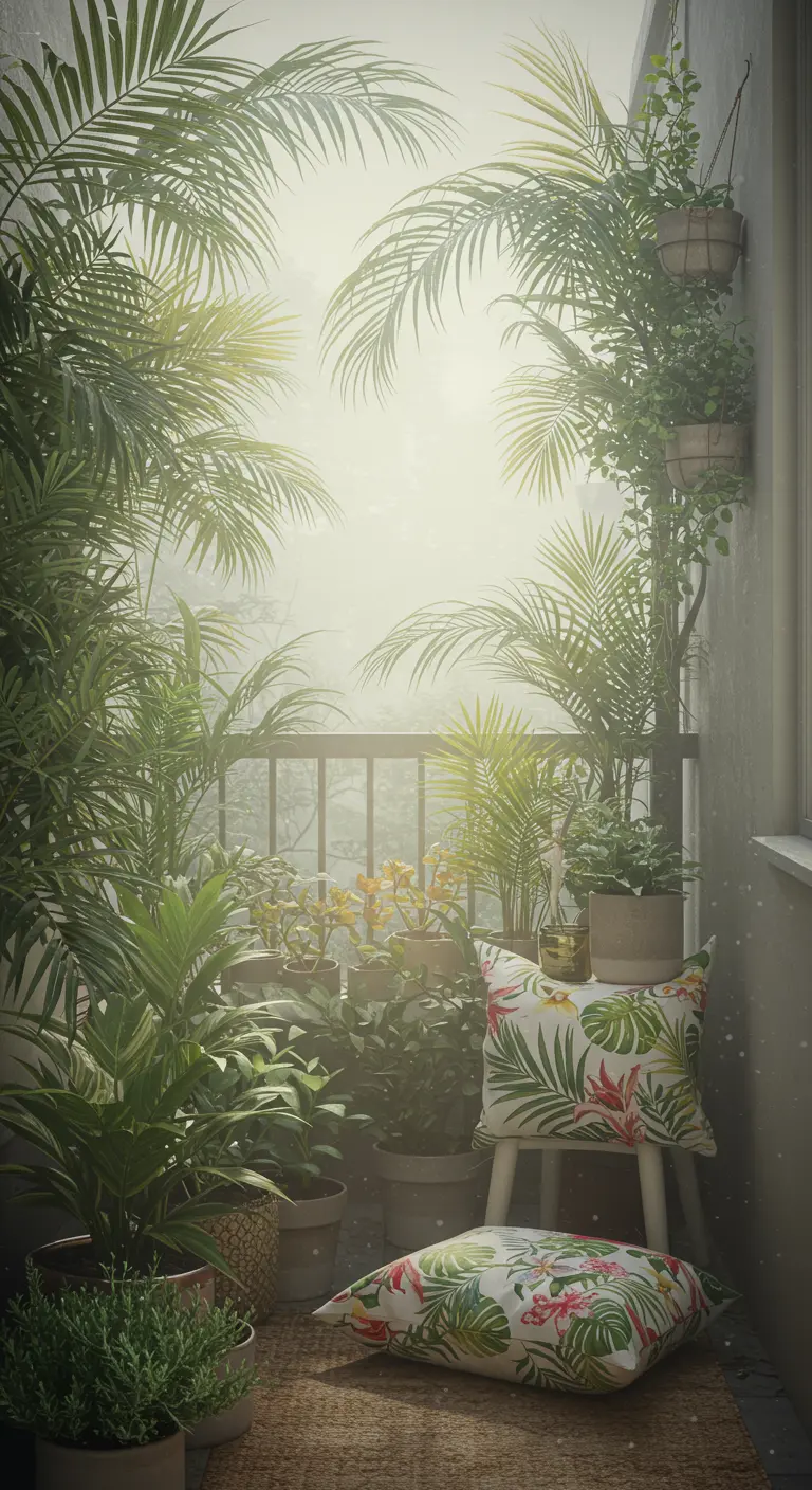 A lush, misty balcony filled with palms and ferns, creating a humid, dreamy atmosphere.