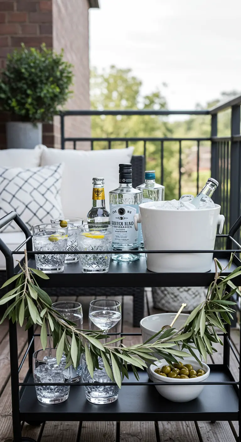 A black bar cart styled with gin, tonic, glasses, and an olive branch garland.