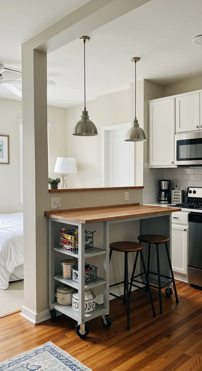A rolling kitchen cart with a wood top and stools serves as a divider in a studio.