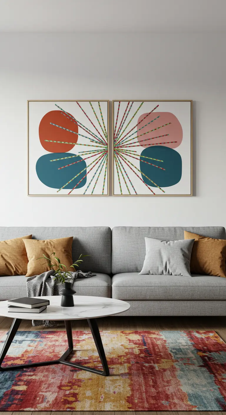 A diptych of abstract art with colorful circles and radiating lines above a gray sofa.