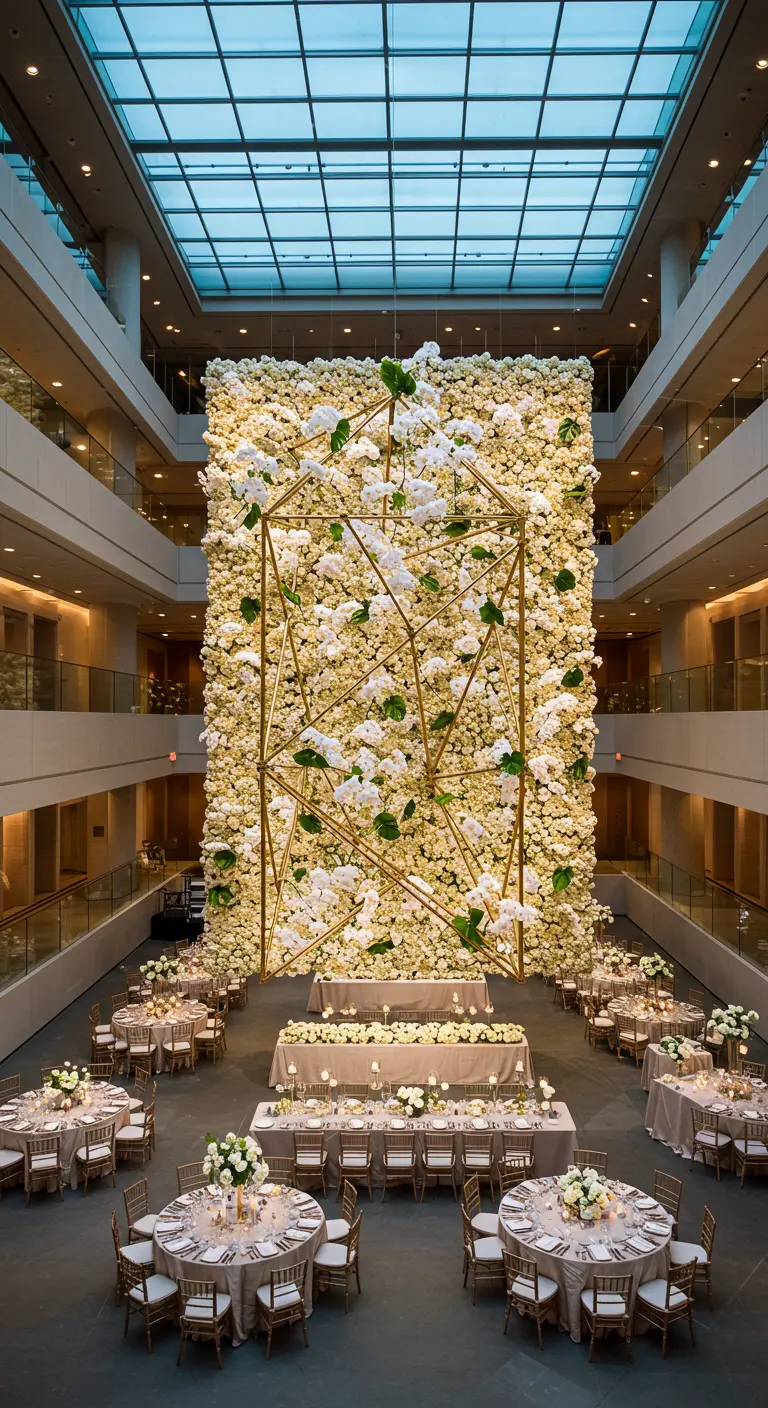 A two-story tall ivory flower wall with a large geometric gold structure in a modern atrium.