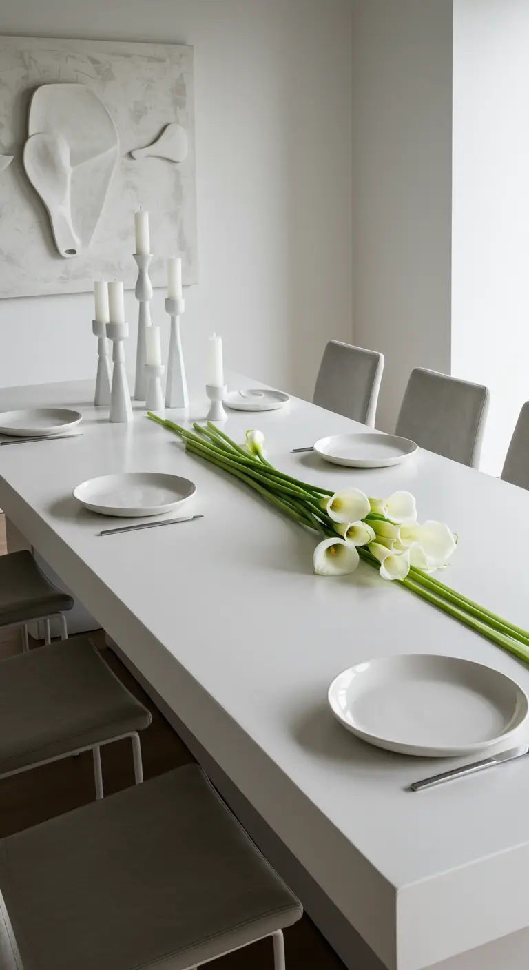 A minimalist white table with long-stemmed calla lilies laid down the center.