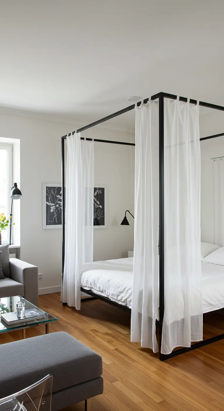 A black four-poster bed with sheer white curtains creates a separate sleeping zone.