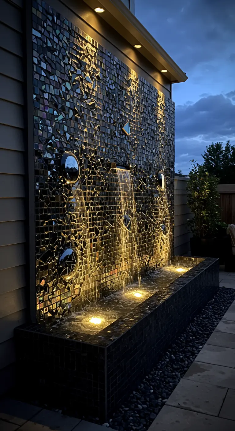 A modern black mosaic water wall with a waterfall and dramatic lighting at night.