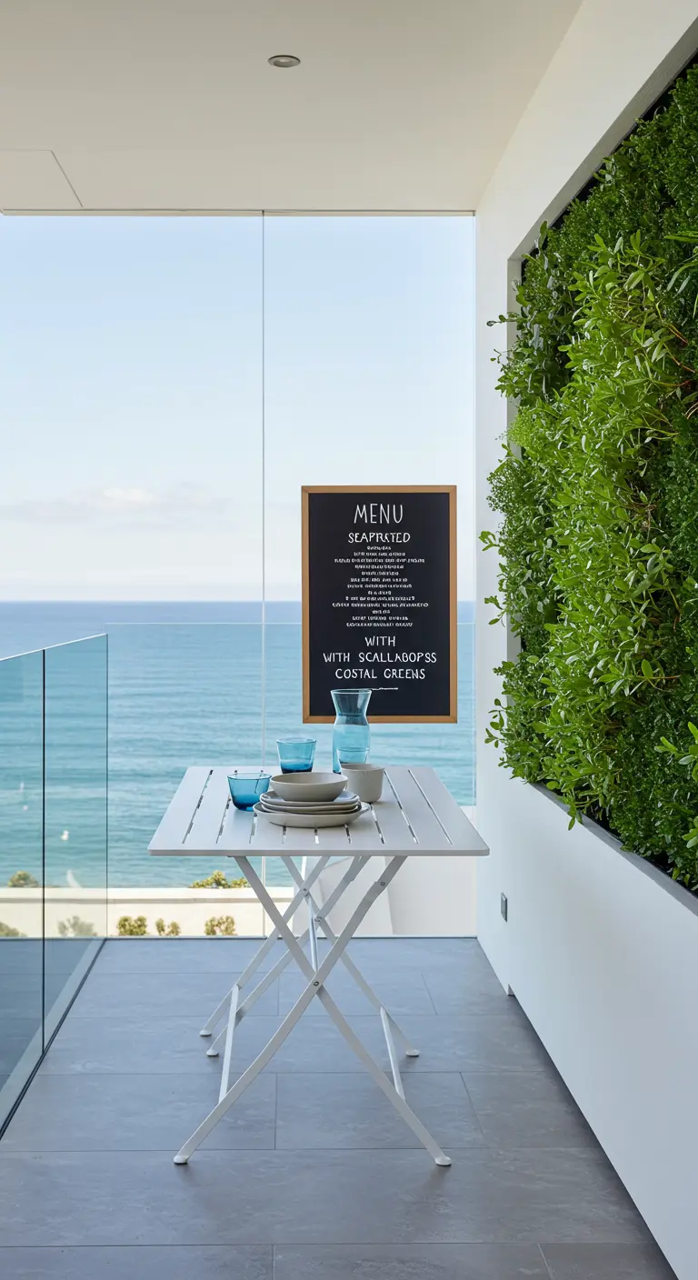 A modern balcony with a floor-to-ceiling green wall overlooking the ocean.