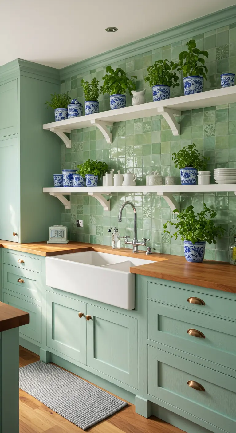 Mint green farmhouse kitchen with a large sink, wood counters, and open shelves.
