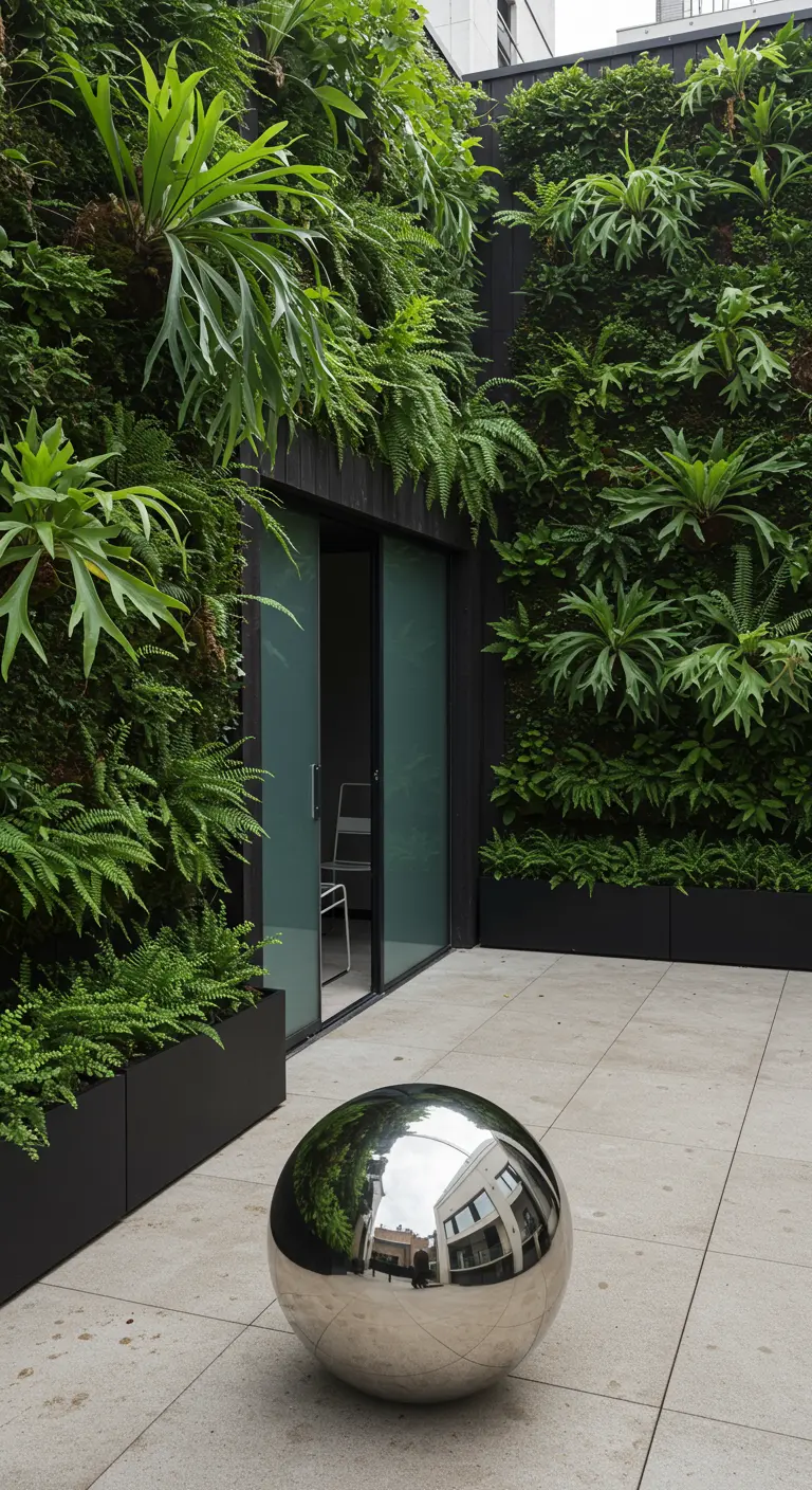 A large, polished steel gazing ball sits on a patio in front of a modern living wall.