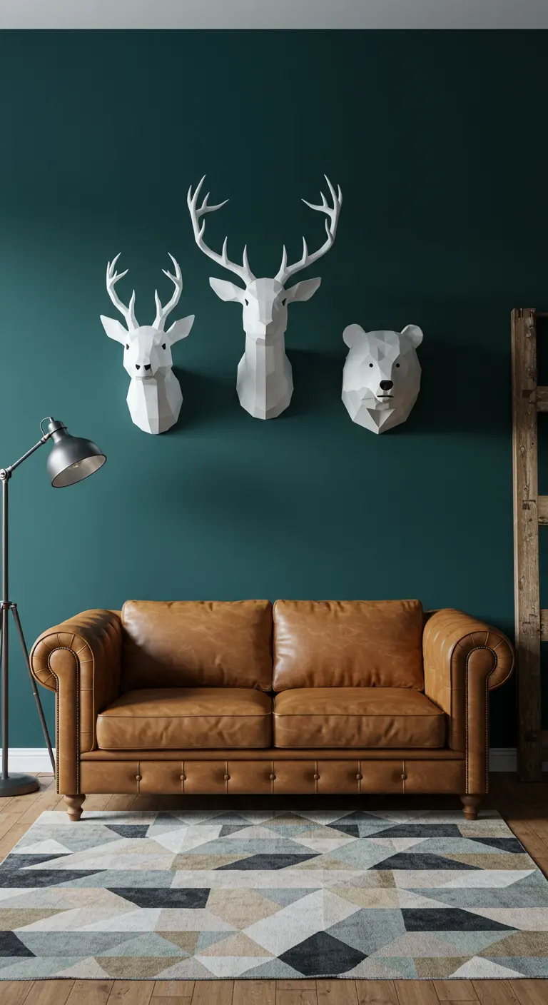 Three white 3D geometric animal heads (two deer, one bear) on a dark teal wall.