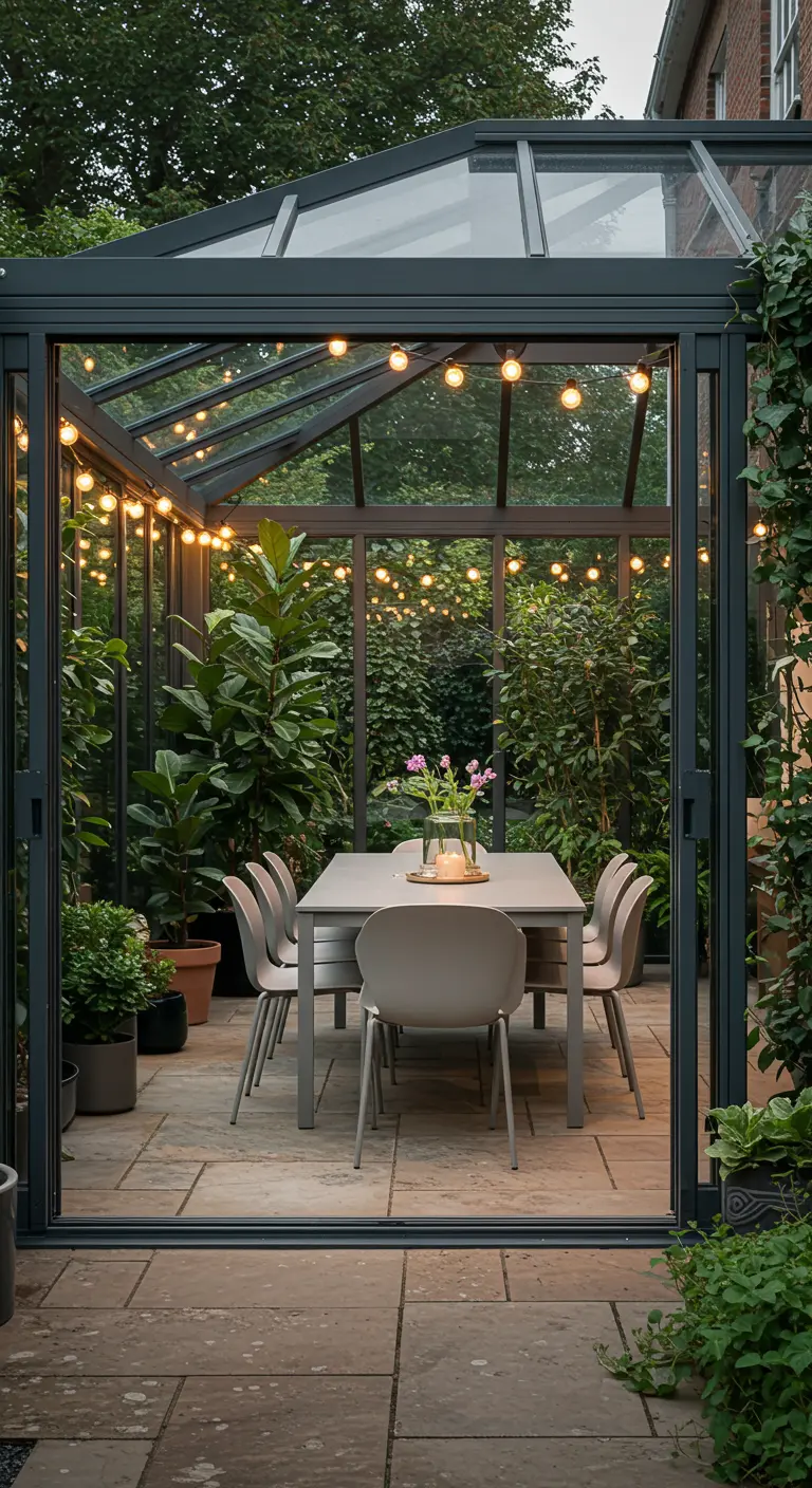 A modern glass conservatory dining area filled with plants and lit by globe lights.