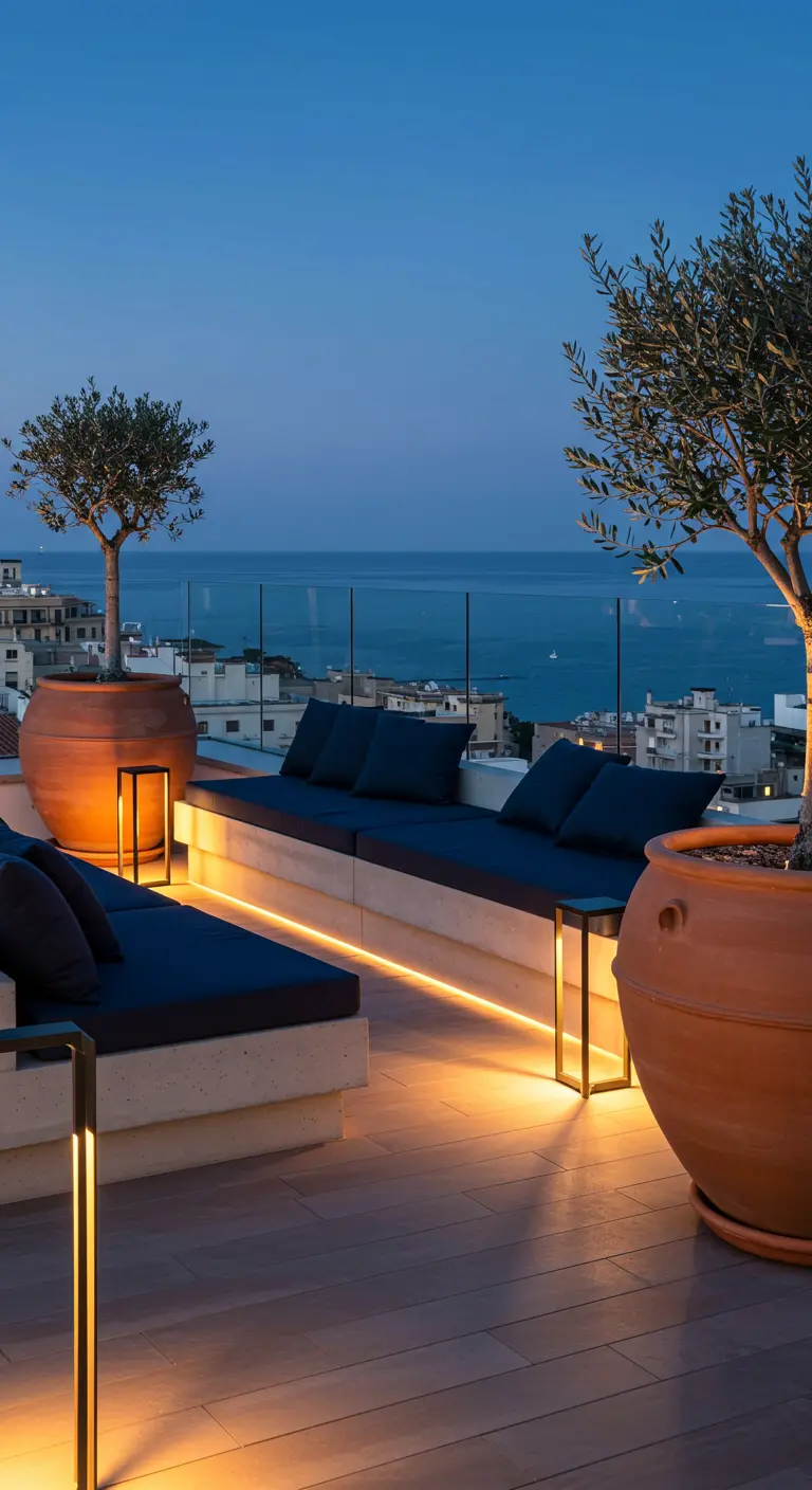 A modern rooftop terrace at dusk with built-in seating illuminated by hidden LED strip lights.