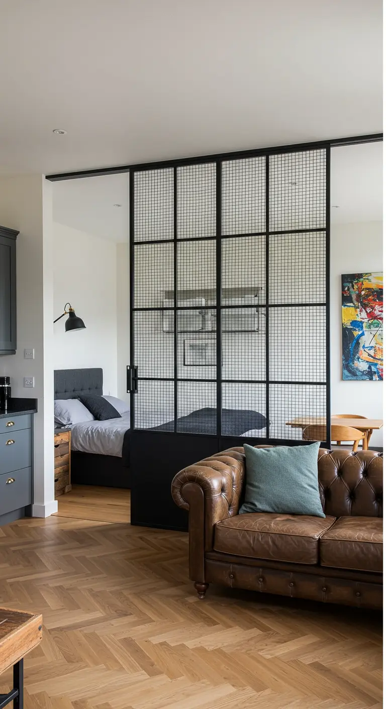 A black metal and wire mesh divider separating a bedroom from a living and kitchen area.