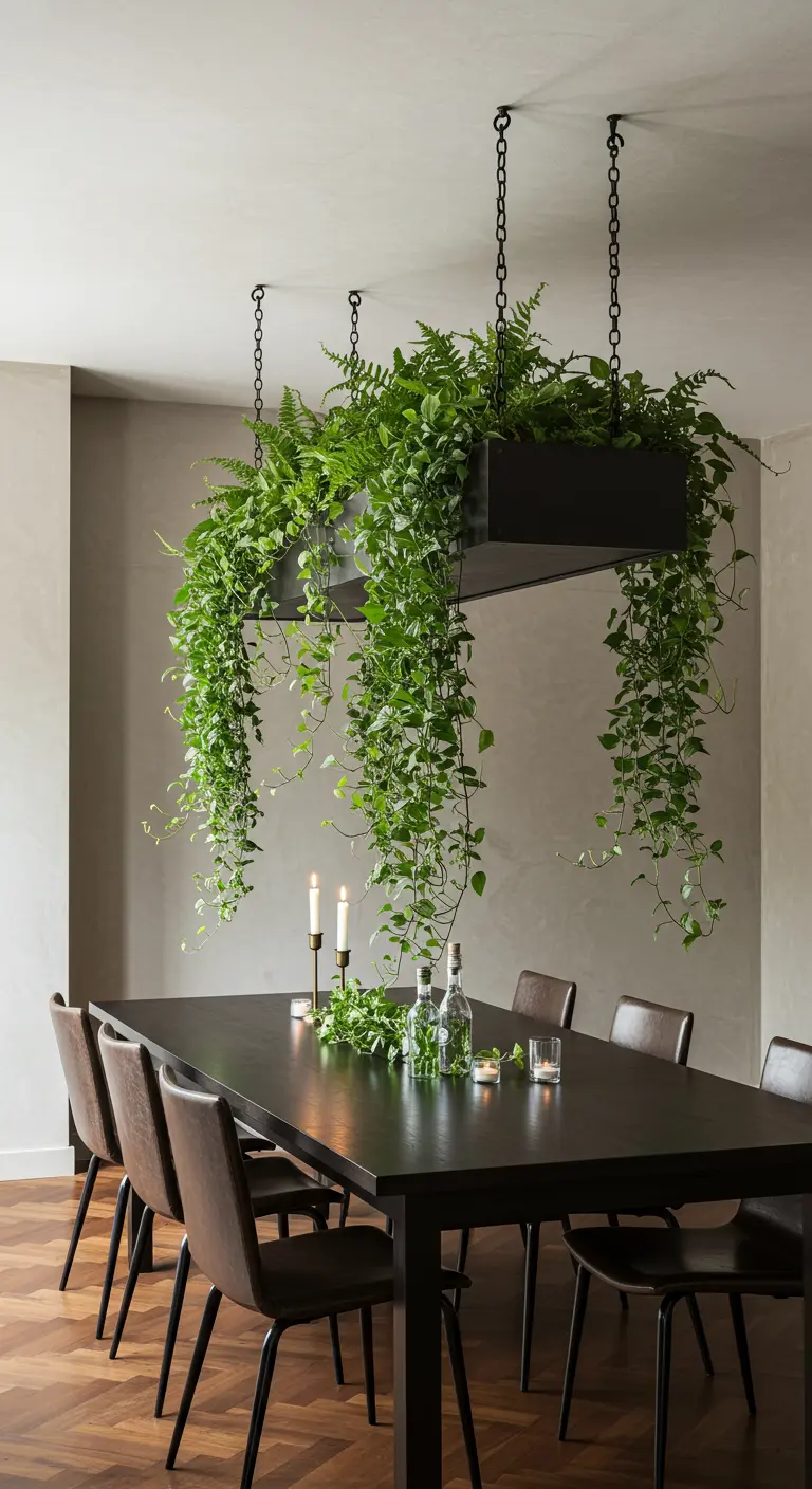 A sleek dining room with a long black metal planter box hanging over the table.
