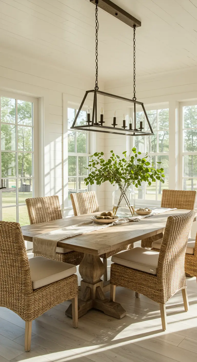 Sunlit dining room with wicker chairs and a black linear chandelier over a wood table.
