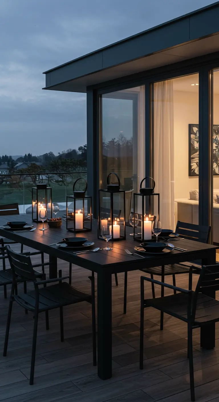 A modern outdoor dining set with large, black, boxy candle lanterns lined up on the table.