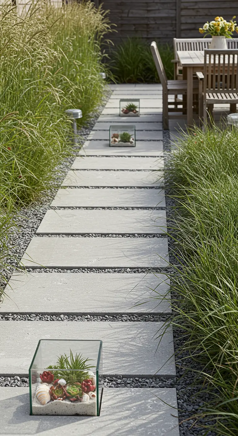 A straight path of rectangular pavers bordered by tall grasses, with terrariums placed alongside.