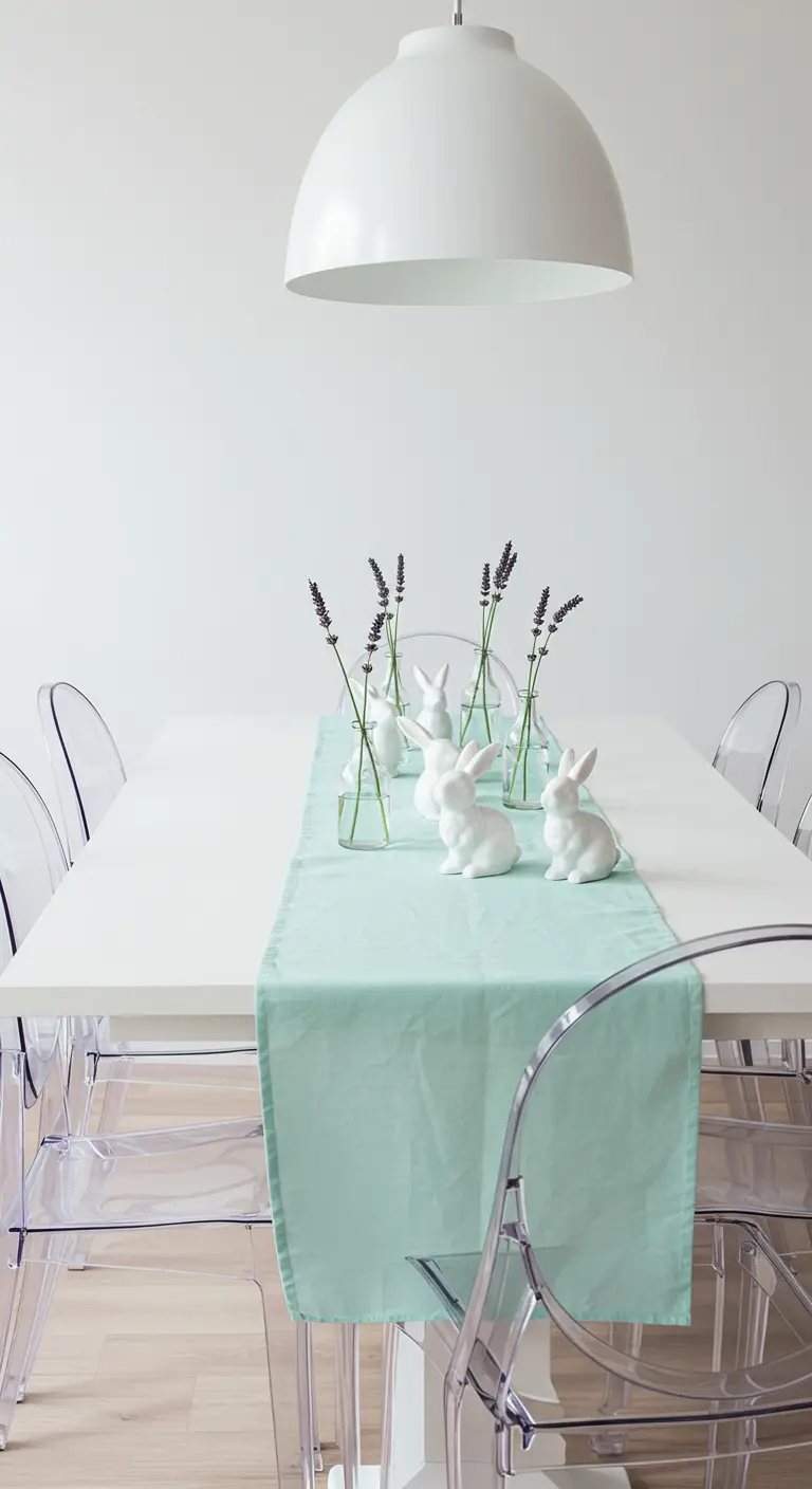 Minimalist Easter table with a mint runner, ghost chairs, and lavender sprigs.
