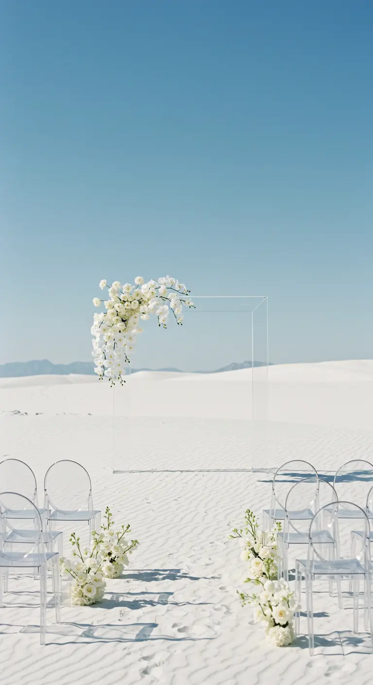 A clear acrylic wedding arch with white orchids in a white sand desert.