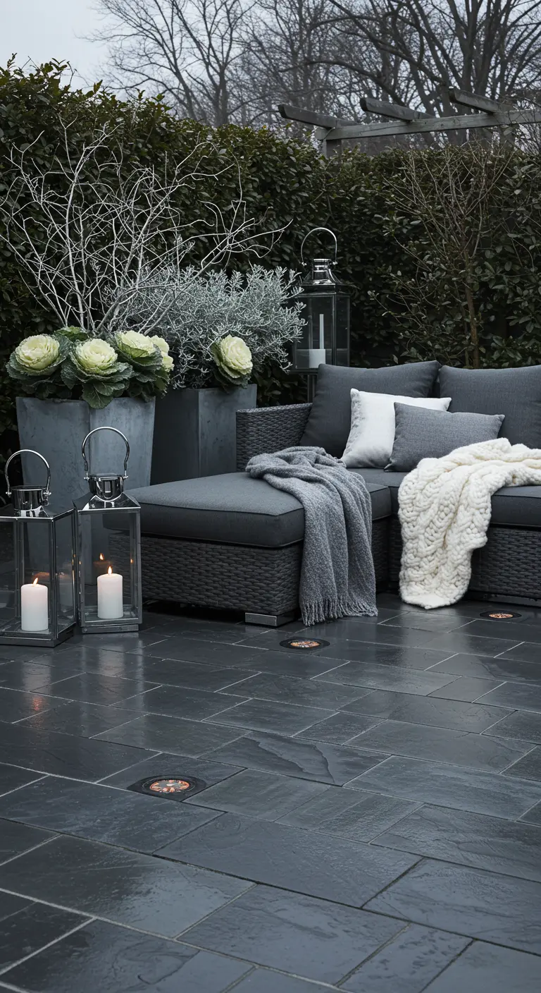 A modern slate patio with dark gray furniture, white blankets, and planters of ornamental cabbage.