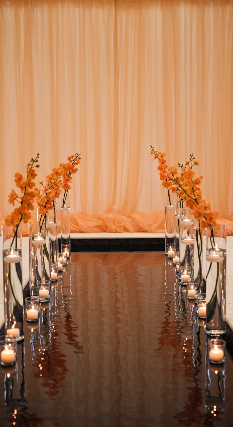 A modern wedding aisle with a reflective water feature, lined with orchids in tall vases and candles.