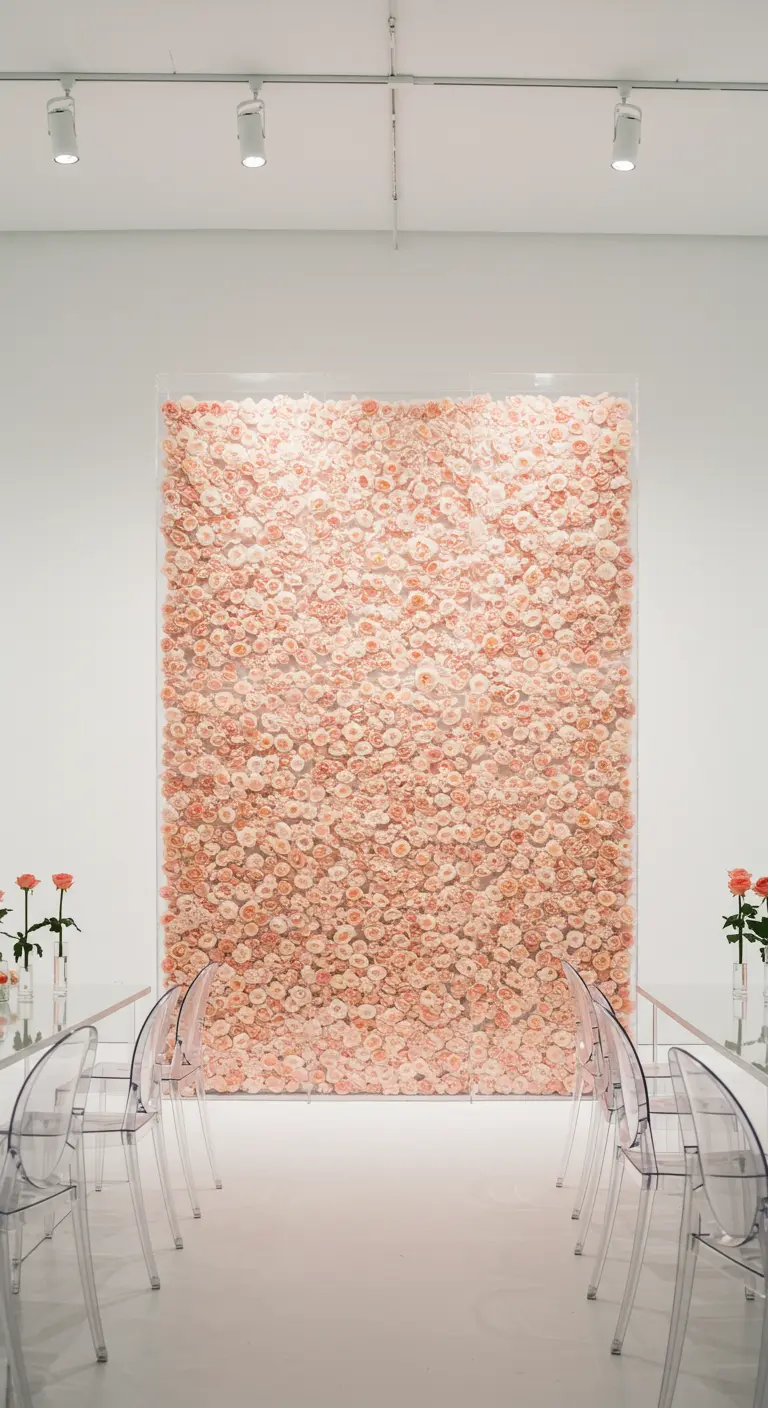 A modern art gallery wedding with a floor-to-ceiling blush rose wall encased in acrylic.