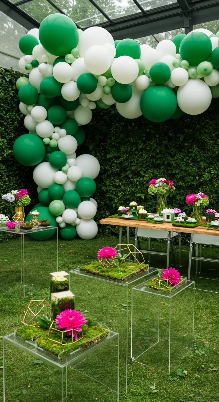 Green and white balloons in a garden with acrylic stands holding moss and pink flowers.